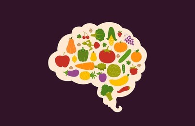 conceptual illustration featuring nutritious fruits and vegetables packed inside the outline of a human brain