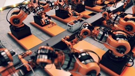 robotic factory assembling 3d printer on conveyor belt. 3d illustration