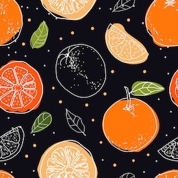 orange fruits seamless pattern on black background