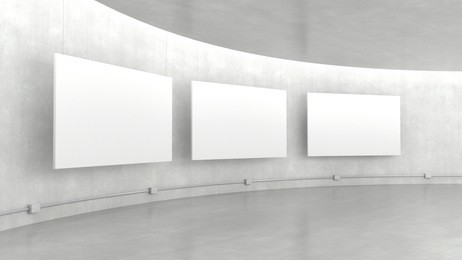 empty modern exhibition gallery interior and hanging white canvas with light from ceiling. 3d rendering.
