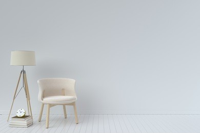 interior with velvet armchair on empty white wall background, 3d rendering