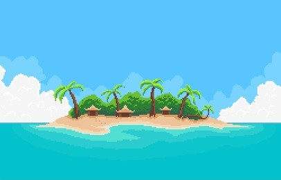 pixel art tropical island with palm trees and bungalows
