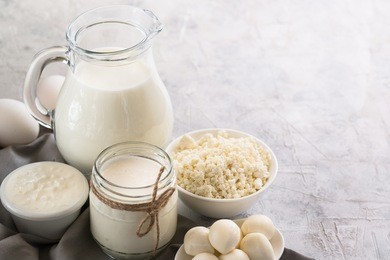 selection of dairy products. cottage cheese or curd, yogurt, sour cream, milk and mozzarella concrete table.