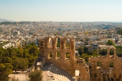 a ruin of odeon of herodes atticus or herodeon in acropolis, athens, greece