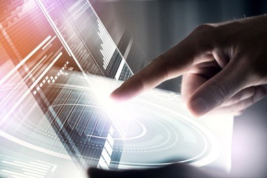businessman hand touching with finger virtual panel with infographs