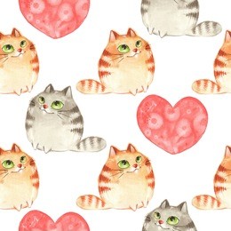 cartoon cats. watercolor seamless pattern 2. valentine's day.