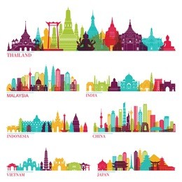 skyline detailed silhouette set (thailand, malaysia, india, indonesia, china, vietnam, japan ). vector illustration