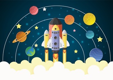 start up concept. rocket flying on the galaxy,paper cut