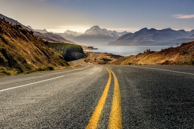 road to mountain cook along pukaki lake ,south island ,new zealand