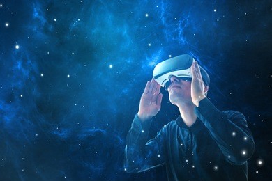 the man with glasses of virtual reality. future technology concept.