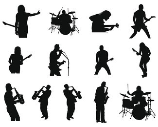 set of smooth rock and jazz people  silhouettes in different poses. singing, with guitar, on a drums, with saxophone, with microphone. high detail vector illustration. 