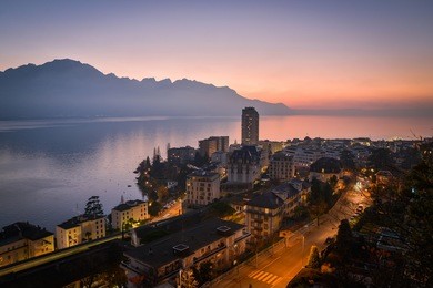 blue hour above montreux, switzerland