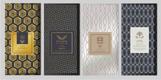 chocolate bar packaging mock up set. trendy luxury product branding template with label and geometric pattern. vector 