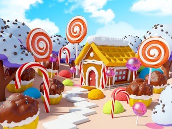candy land landscape with gingerbread house in sweet forest. 3d illustration.