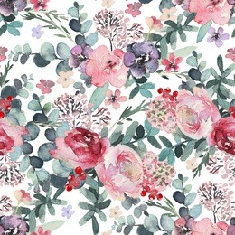 seamless watercolor floral pattern with flower composition on white background, perfect for wrappers, wallpapers, postcards, greeting cards, wedding invitations, romantic events, etc. 