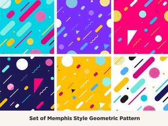 hipster fashion memphis style geometric pattern.set of  abstract seamless pattern with lines, circles and squares. vector illustration. good neon trendy colors.