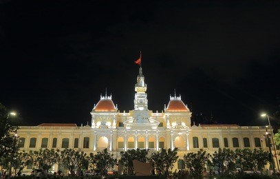 city hall night cityscape in ho chi minh city saigon vietnam