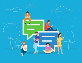 speech bubbles for comment anf reply concept flat vector illustration of young people using mobile smartphone for texting and leaving comments in social networks. guys and women sitting on big symbols