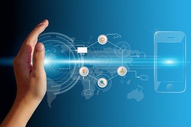 touch screen interface on woman hand business in background blue color