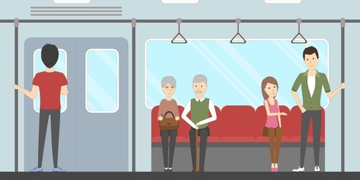subway interior set. in train. seats and windows and rails.