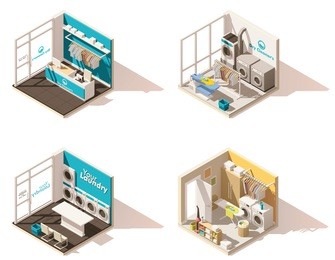 vector isometric low poly laundry icon set. includes commercial laundry, laundromat and domestic laundry room