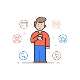 vector illustration in flat linear style. boy holding mobile phone with smile on his face - receiving comments, notifications and appreciations from his customers and followers - outline stock vector.