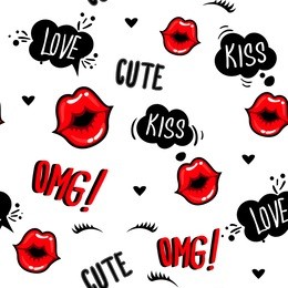valentines day. cute fashion girlish seamless pattern. romantic repeated backdrop for girls, fancy textile, clothes, wrapping paper. love background with lips kiss, cartoon comics clouds, eyelash