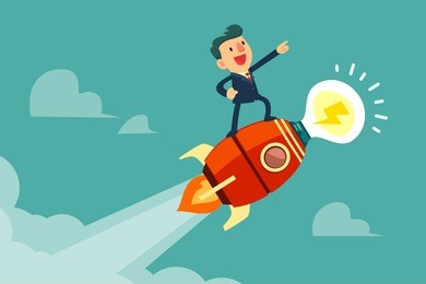 happy businessman standing on rocket ship with idea light bulb flying through the sky. start up business idea concept.