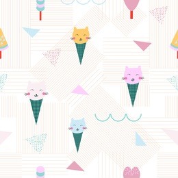 vector illustration of  ice cream cones with cute cats. seamless ice cream pattern. vector background.