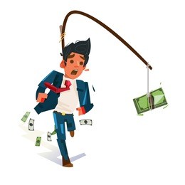 businessman chasing for money. money trap concept. work hard for money. tried - vector illustration