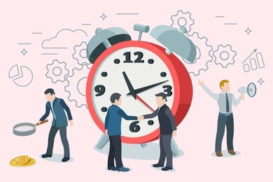 startup work moments. man with a magnifier, two people shake hands, a man with a loudspeaker. time management and optimization of business processes. alarm clock in a flat style. vector illustration