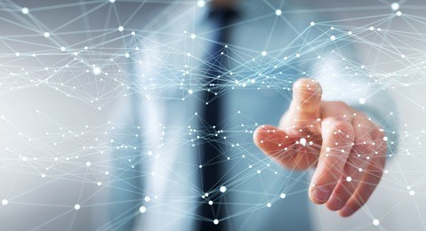 dot flying network touched by businessman on blurred background 3d rendering