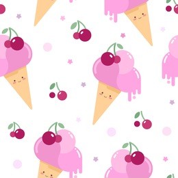 cute vector pattern with melting cherry ice-cream cones dripping. seamless background for children in pastel colors.