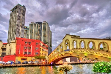 jambatan cathay bridge over the malacca river in malacca, malaysia