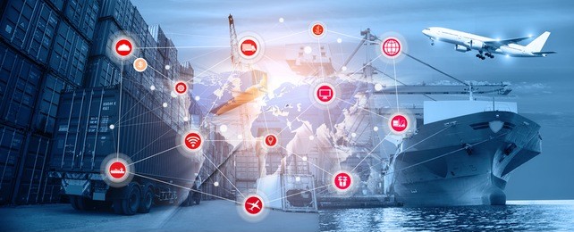 smart technology with global logistics partnership and transportation of container cargo ship and cargo plane, import export background, online goods orders worldwide internet of things concept