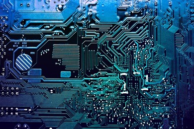 blue circuit board, top view