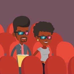 happy friends watching three d movie in the theatre. smiling african-american friends in three d glasses watching movie and eating popcorn in the cinema. vector flat design illustration. square layout