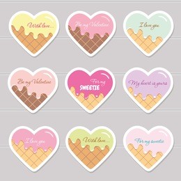 valentine's day stickers. cartoon hearts with sample text.