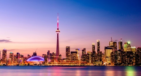 toronto city skyline and buildings at night, ontario, canada