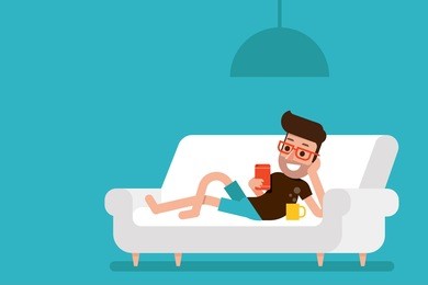 freelancer working at home with smartphone on cozy sofa.