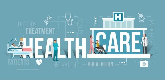 doctors working at the hospital and patients being assisted by medical professionals: healthcare and clinics concept with words and icons