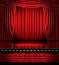 open red curtains with seats and copy space. vector illustration. theater, opera or cinema scene. light on a floor.
