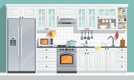kitchen appliances. flat room vector illustration. indoor kitchen interior with, stove, cupboard, dishes and fridge. culinary decorations collection. flat kitchen banner with white cupboards. 