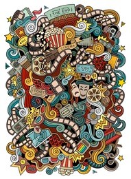 cartoon cute doodles hand drawn cinema illustration. colorful detailed, with lots of objects background. funny vector artwork. bright colors picture with movie theme items 