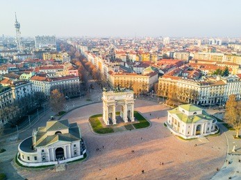 beautiful view of arco della pace located in parco sempione park in milan