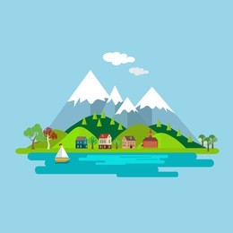 natural landscape with houses on a background of forest and lake mountains. isolated on white background. vector, illustration eps10.