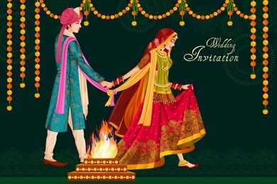 vector design of indian couple in wedding satphera ceremony of india