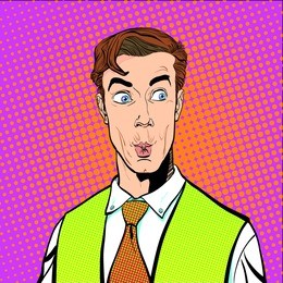 portrait of surprised man. surprised businessman. surprised man. concept idea of advertisement and promo. pop art retro style illustration. people in retro style. halftone background.  question what.
