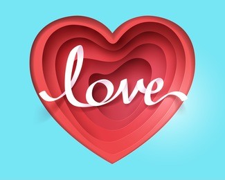 paper art of love calligraphy and lettering on red heart with cyan background, origami and valentines day concept, vector art and illustration.