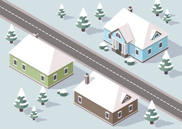 isometric houses nearby the road	